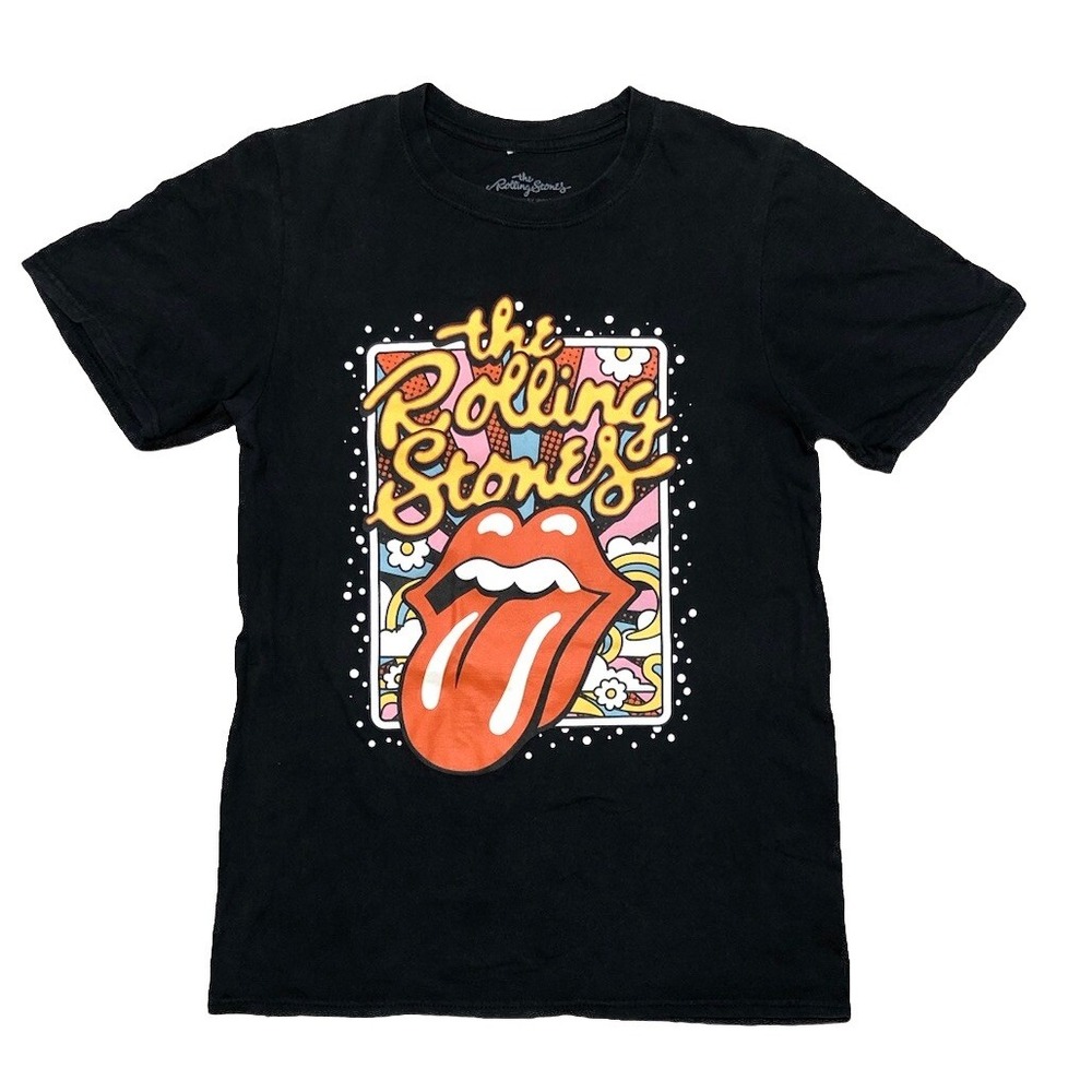The Rolling Stones T Shirt Women's S Black Flowers Colors Tongue‎ Logo